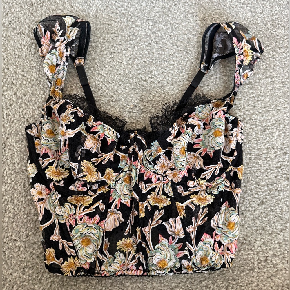 Floral Embroidered Black Victoria’s Secret Corset Crop Top